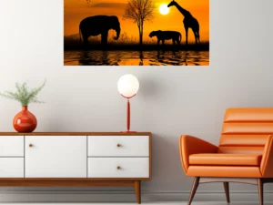 tableau-photo-elephant-lion-giraffe-coucher-de-soleil-samatableau-a