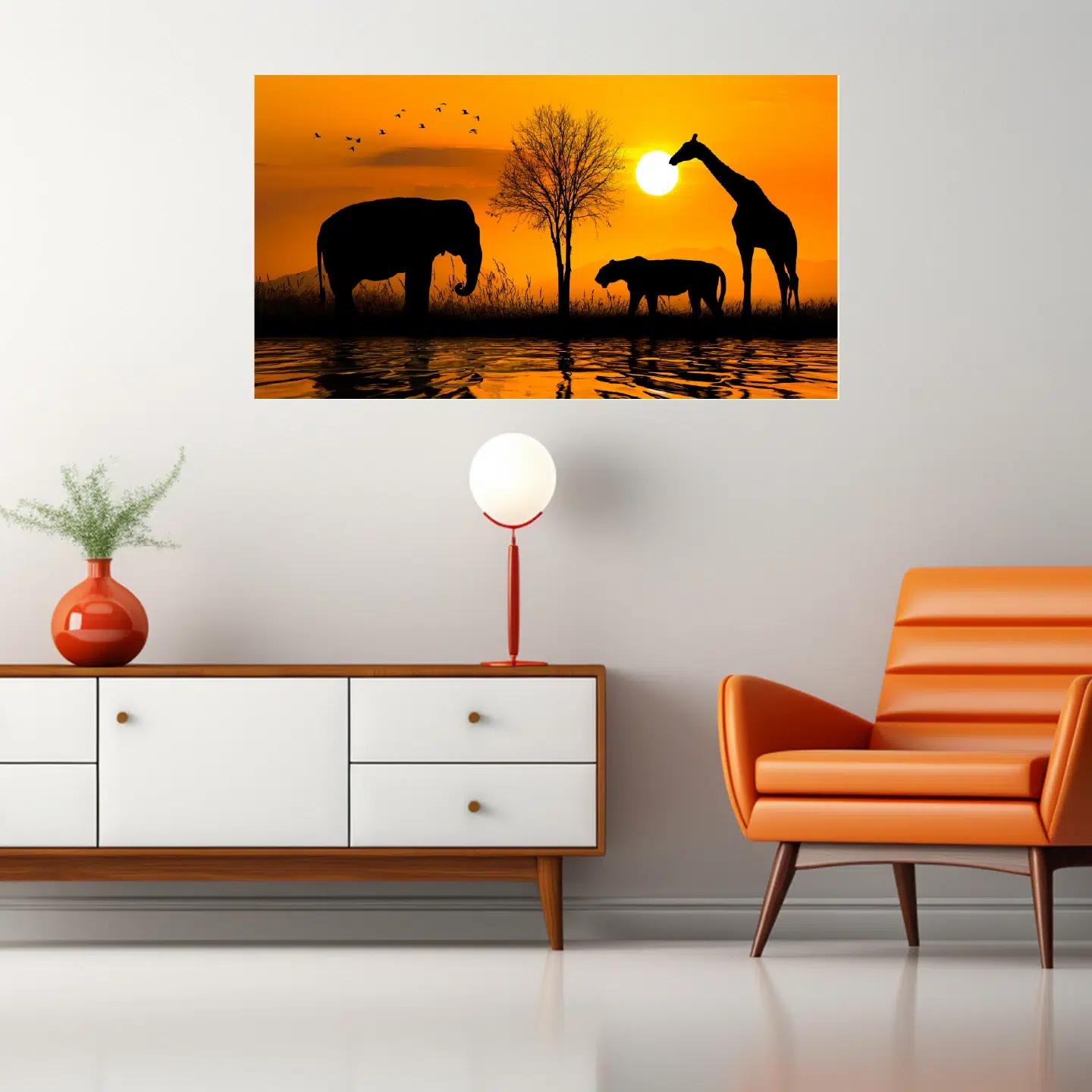 tableau-photo-elephant-lion-giraffe-coucher-de-soleil-samatableau-a